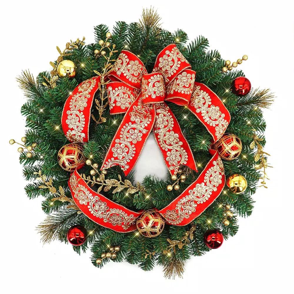 Home Accents Holiday Home Holiday Accents 30 in. Royal Easton Pre-Lit Artificial Pine Wreath with Warm White LED Lights
