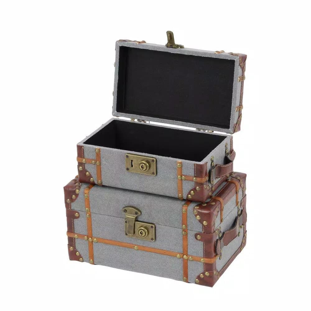 LITTON LANE Globetrotter Wood and Gray Burlap Fabric Decorative Storage Boxes with Leather Accents, Set of 2
