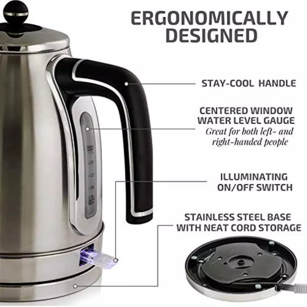 Ovente KS777 1.7L Stainless Steel Electric Kettle, 1500W Rapid Boil with Auto Shut-Off
