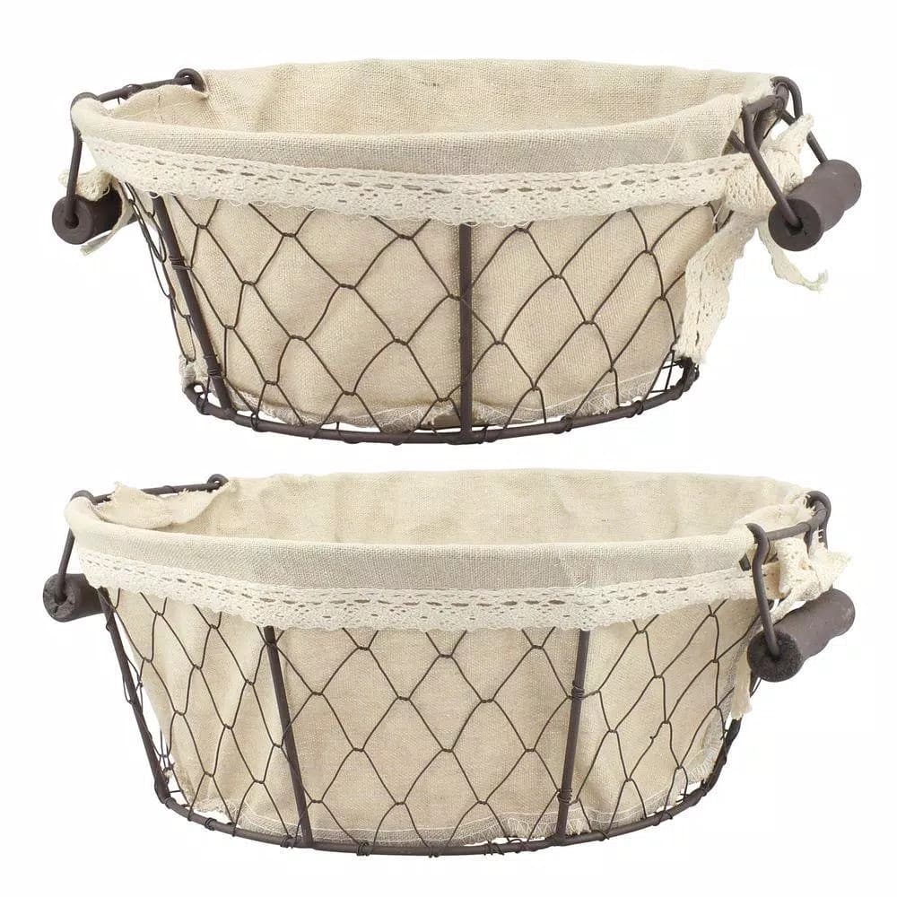 Stonebriar Collection 12 in. x 5 in. Iron Decorative Baskets with Fabric Lining and Wooden Handles, 2-Pack