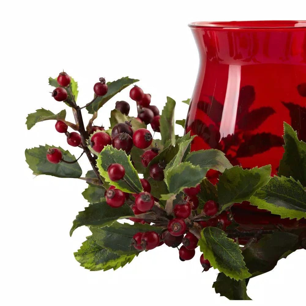Nearly Natural 6.5 in. Holly Berry Candelabrum - Red and Green Holiday Tabletop Decor