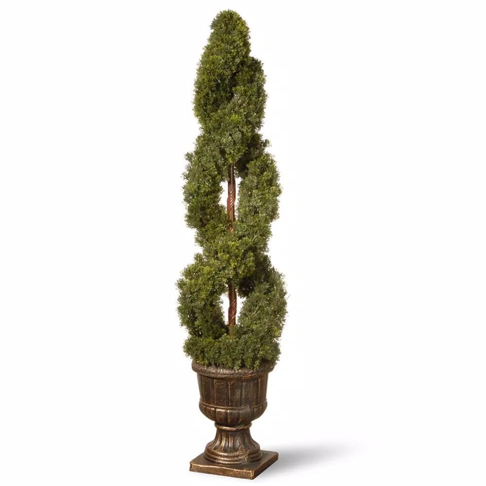 National Tree Company 54 in. Double Cedar Spiral Artificial Topiary with Decorative Brown Ceramic Urn