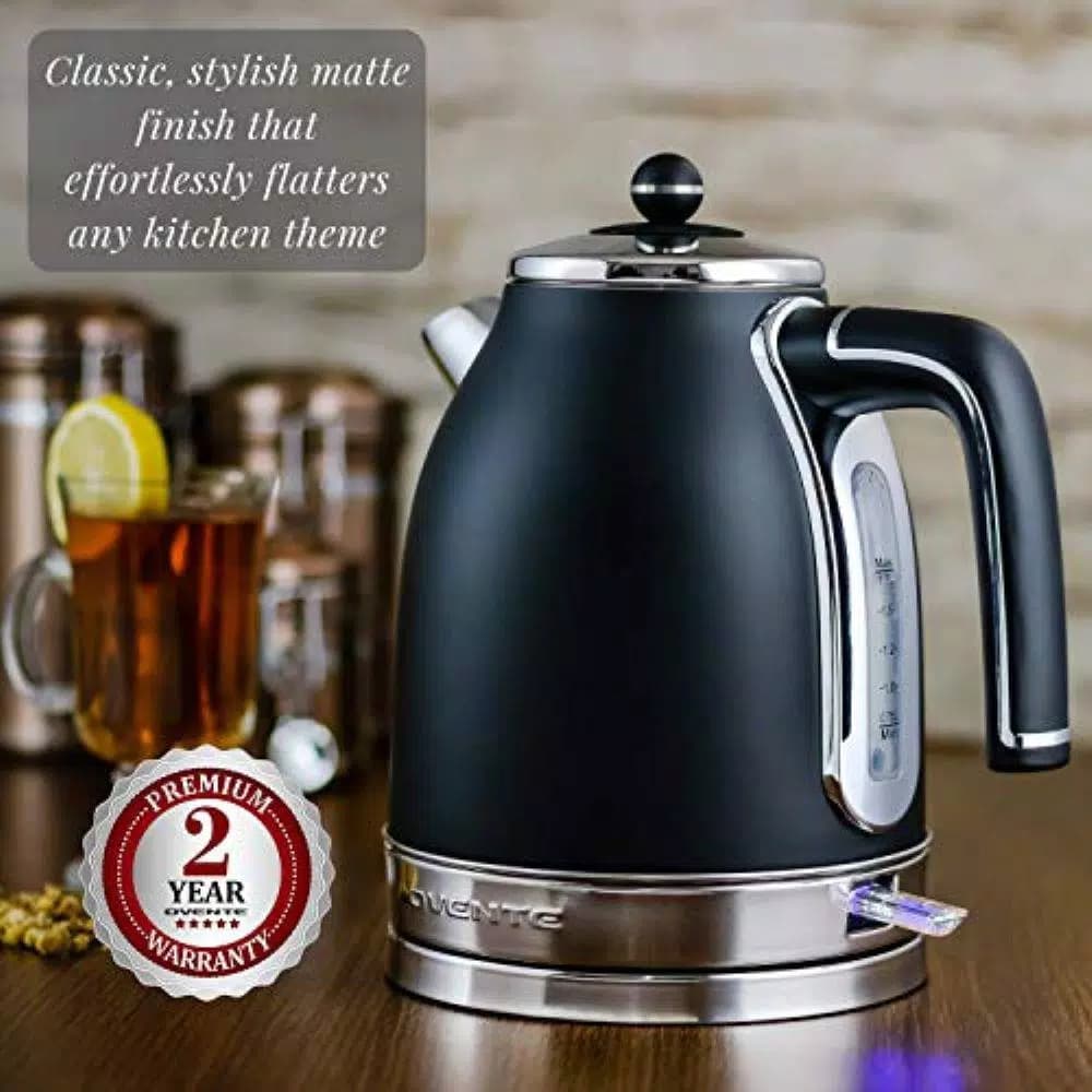 Ovente KS777 1.7L Black Stainless Steel Electric Kettle, 1500W Fast Boil with Auto Shut-Off