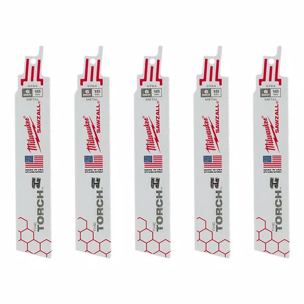 Milwaukee TORCH 6 in. 18 TPI Metal Cutting Reciprocating Saw Blades, Bi-Metal, 5-Pack