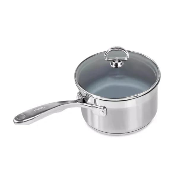 Chantal Induction 21 Steel 2 Qt. Stainless Steel Ceramic Nonstick Saucepan with Glass Lid, Brushed Stainless Steel