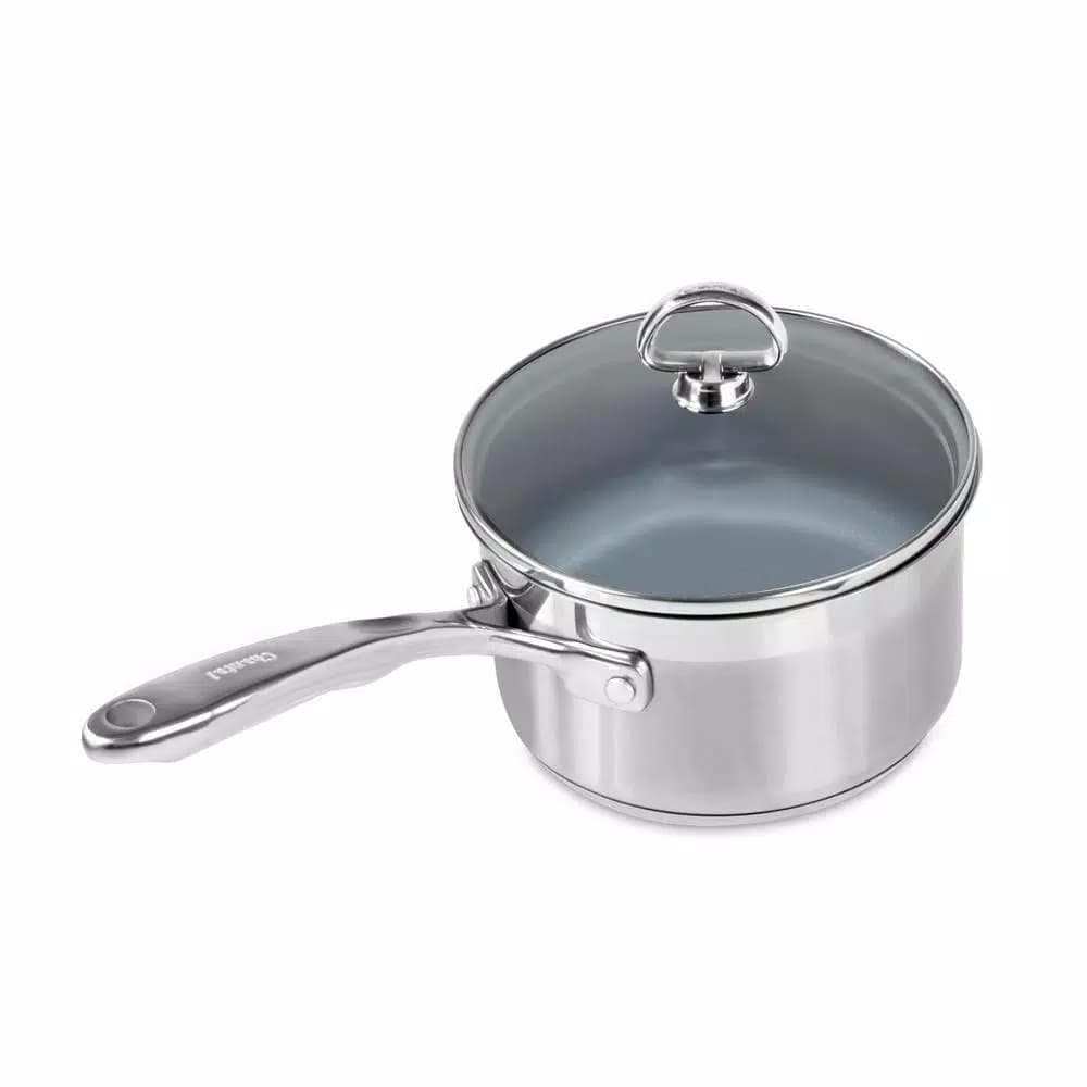 Chantal Induction 21 Steel 2 Qt. Stainless Steel Ceramic Nonstick Saucepan with Glass Lid, Brushed Stainless Steel