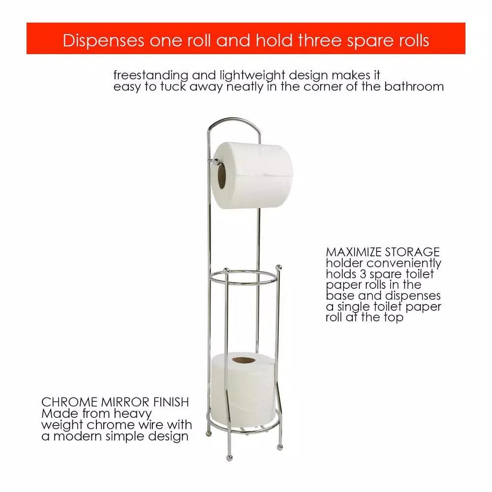 Home Basics Freestanding Chrome Toilet Paper Holder and Dispenser with 3-Roll Storage