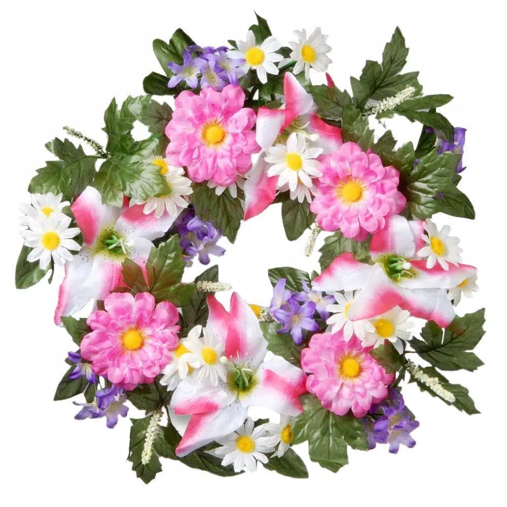 National Tree Company 18 in. Decorated Wreath with Pink Daisies and White Tiger Lilies
