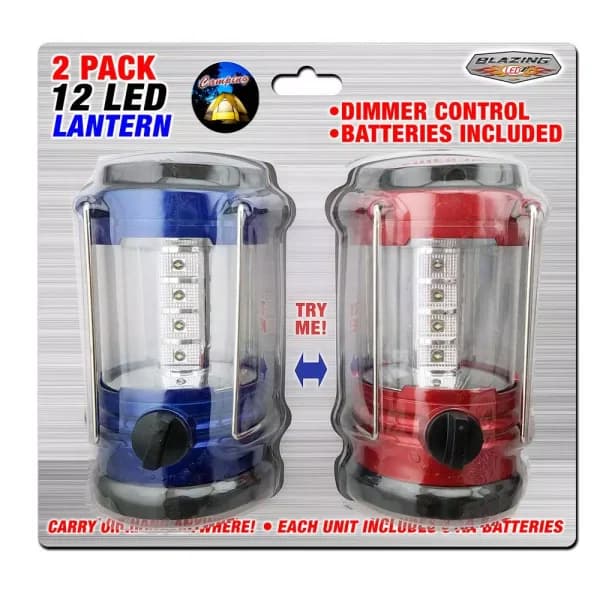 Blazing LEDz 12 LED Battery Operated Camping Lanterns with Compass, 2-Pack