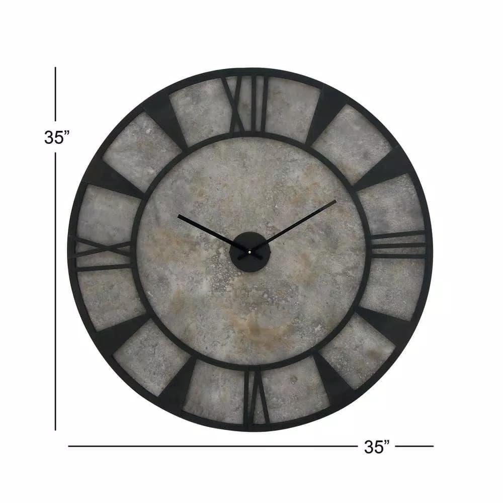 LITTON LANE 35 in. Modern Industrial Round Wall Clock - Matte Black Iron and Stone Gray Wood