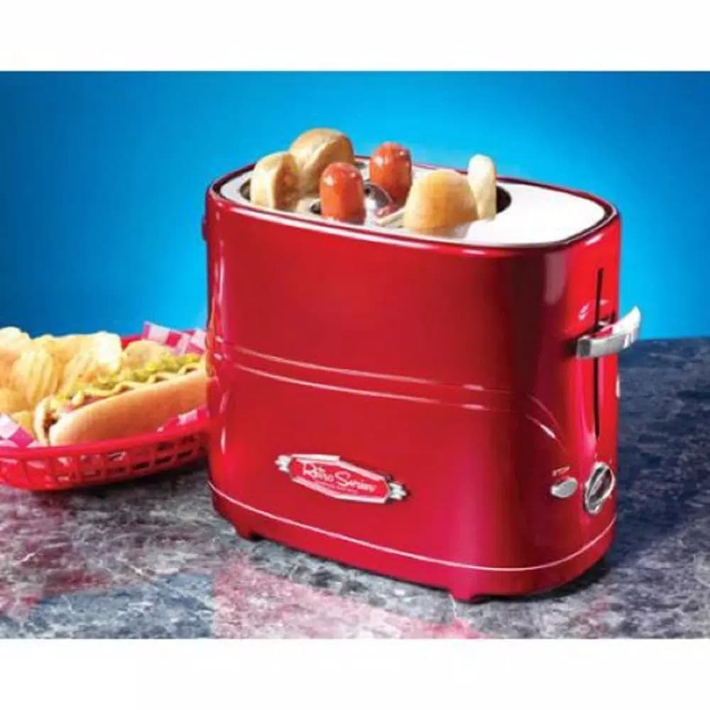 Nostalgia Retro Series 2-Slice Red Hot Dog and Bun Toaster with Mini Tongs