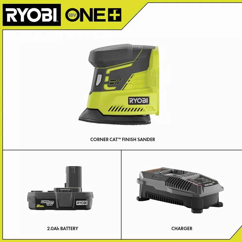 RYOBI 18V ONE+ Corner Cat Finish Sander Kit with 2.0 Ah Battery and Charger