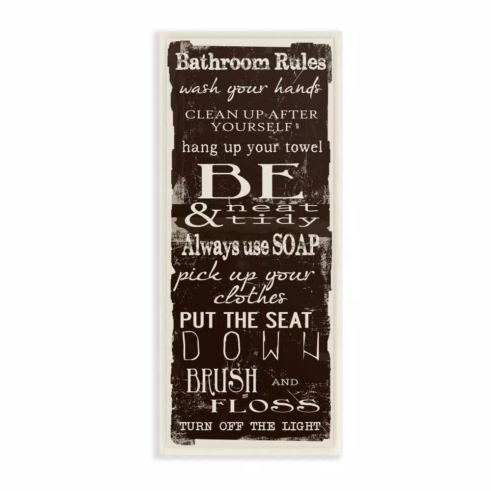 Stupell Industries Taylor Greene Bathroom Rules Chocolate White Wood Wall Art Sign, 7 in. x 17 in.