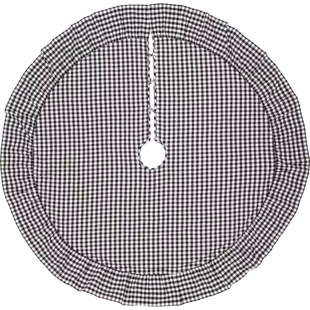 VHC Brands Emmie 60 in. Black and White Farmhouse Christmas Ruffled Tree Skirt