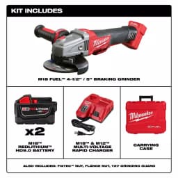 Milwaukee M18 FUEL 4-1/2 in. / 5 in. Braking Angle Grinder Kit with (2) 9.0 Ah Batteries and Rapid Charger thumbnail 2