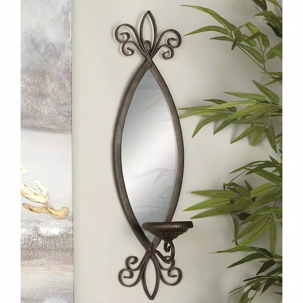 LITTON LANE 25 in. New Traditional Wall Candle Sconce with Elliptical Mirror and Textured Bronze Finish
