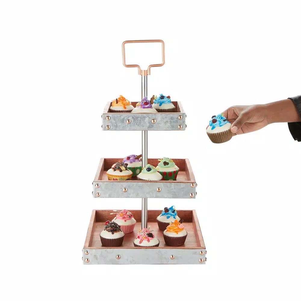 Mind Reader Products 3-Tier Silver Cake Stand, Galvanized Steel & Wood Dessert Display with Handle