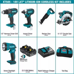 Makita 18V LXT Lithium-Ion 5-Tool Cordless Combo Kit with (2) 3.0 Ah Batteries, Rapid Charger and Tool Bag thumbnail 2