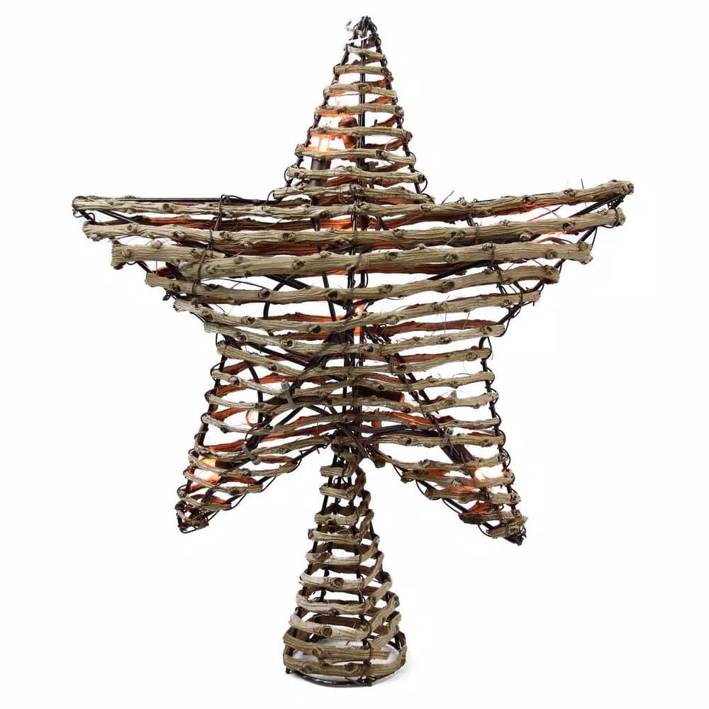 Northlight 11.5 in. Natural Brown Rattan Star Christmas Tree Topper with Clear Mini Lights