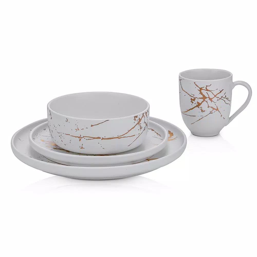 Stone Lain 32-Piece Porcelain Dinnerware Set, Gold Splash White Round Dishes for 8