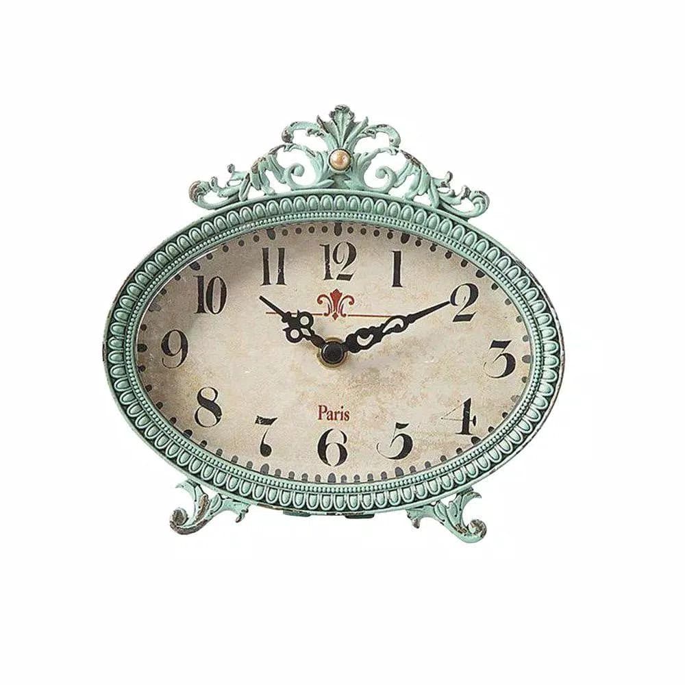 3R Studios Lily 6.25 in. H x 6.5 in. W Aqua Pewter Table Clock with Distressed Green Finish
