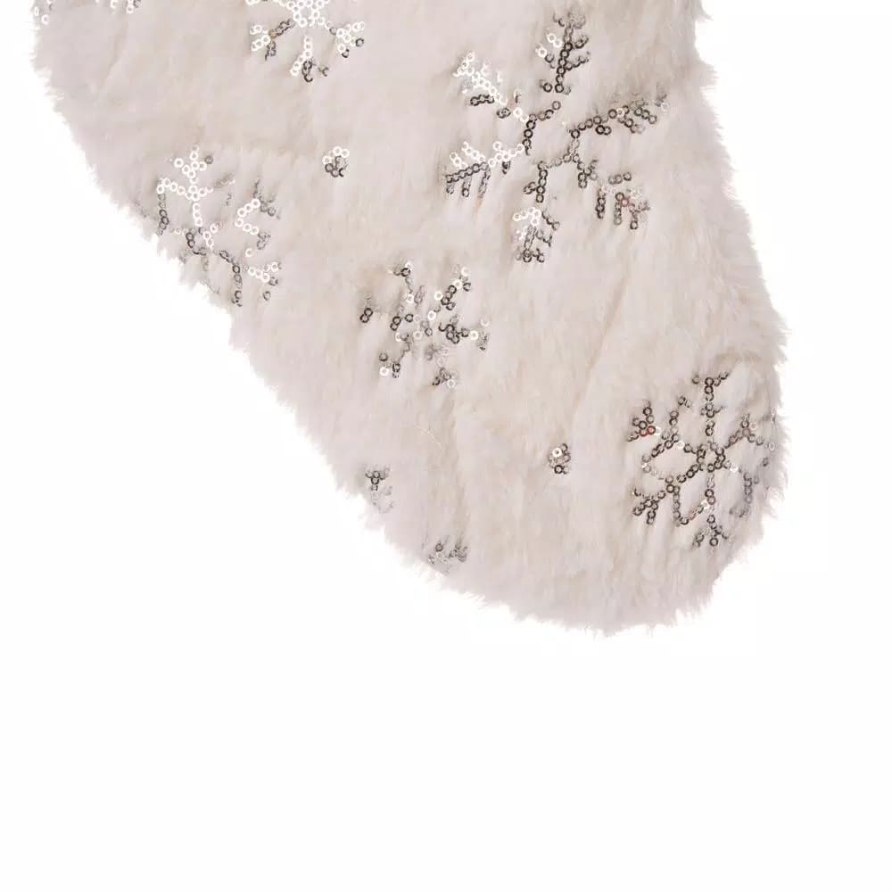 Glitzhome 21 in. White Plush Faux Fur Christmas Stocking with Silver Sequin Snowflake Embroidery