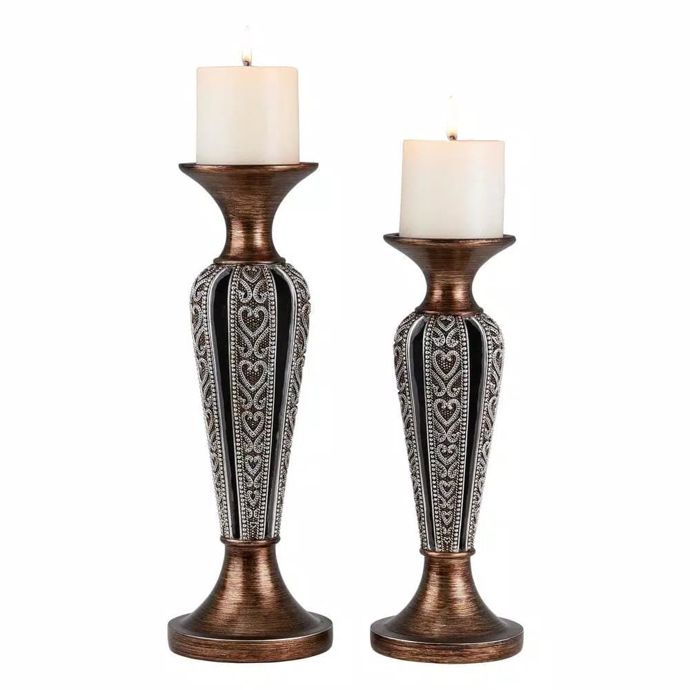 OK LIGHTING Silver and Bronze Everly Polyresin Heart Design Candleholders, Set of 2
