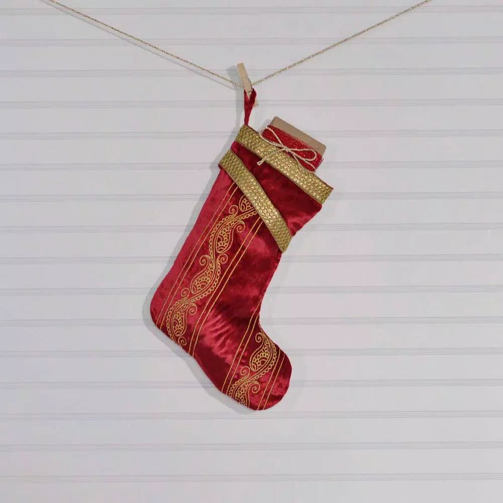 VHC Brands 15 in. Red Viscose Velvet Christmas Stocking with Gold Paisley Embroidery