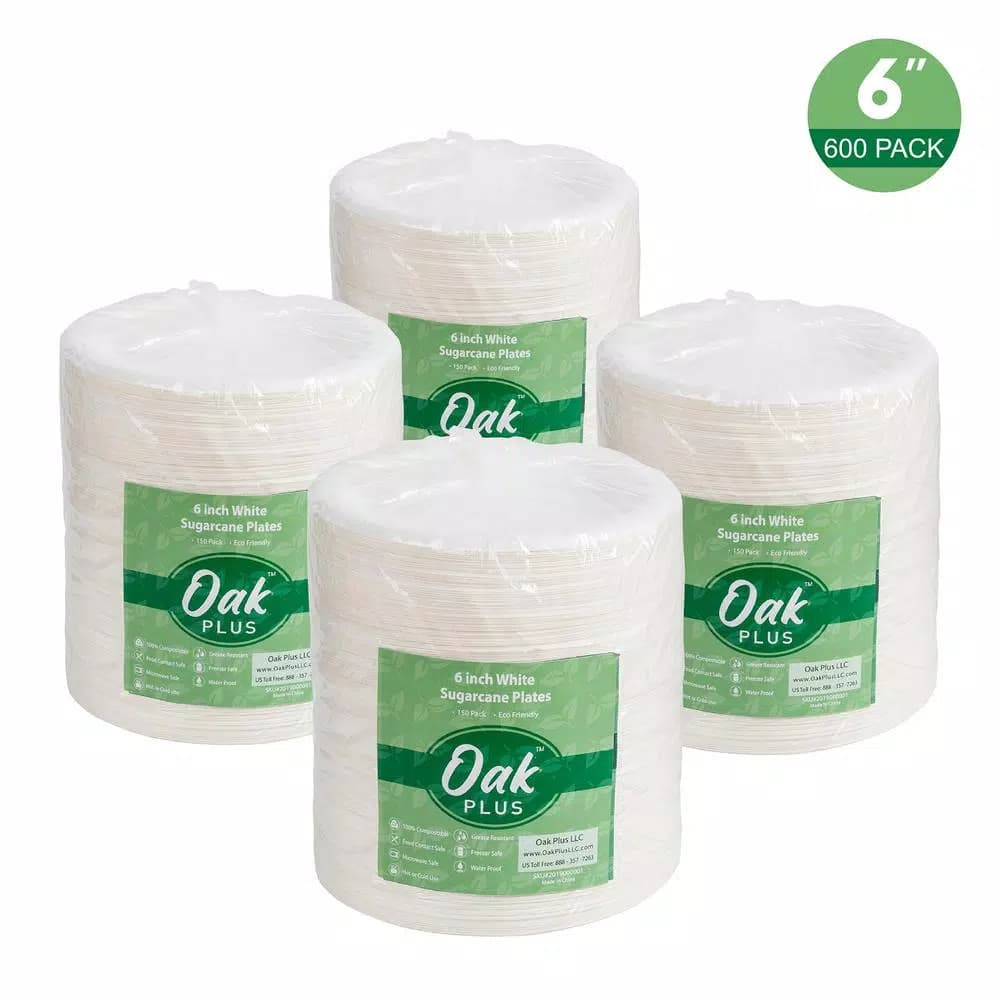 Unbranded 6 in. White Sugarcane Plates, 600 Pack - Eco-Friendly Biodegradable Disposable Plates