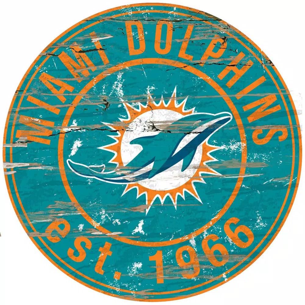 Adventure Furniture Fan Creations 24 in. NFL Miami Dolphins Round Distressed Wood Sign