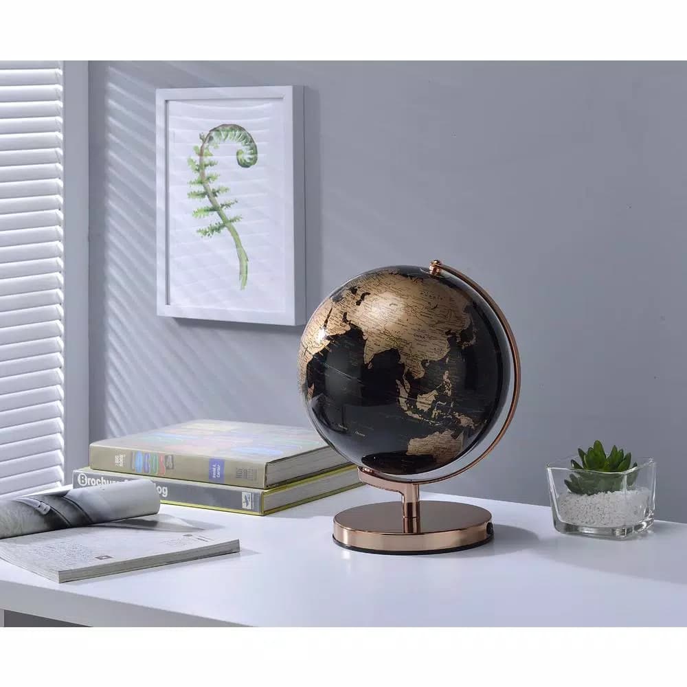 Unbranded 12.5 in. Black and Gold Topographical LED Globe with Rose Gold Metal Frame