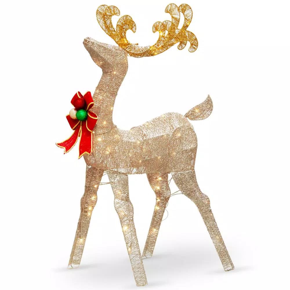 National Tree Company 48 in. Reindeer Christmas Decoration with 70 LED Clear Lights and Red Ribbon Bow