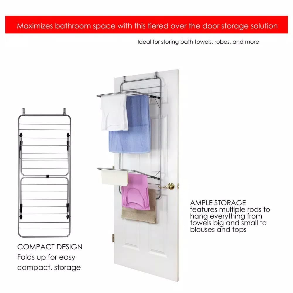 Home Basics 10-Bar Over-the-Door Towel Rack, Collapsible Steel Storage Organizer, Grey