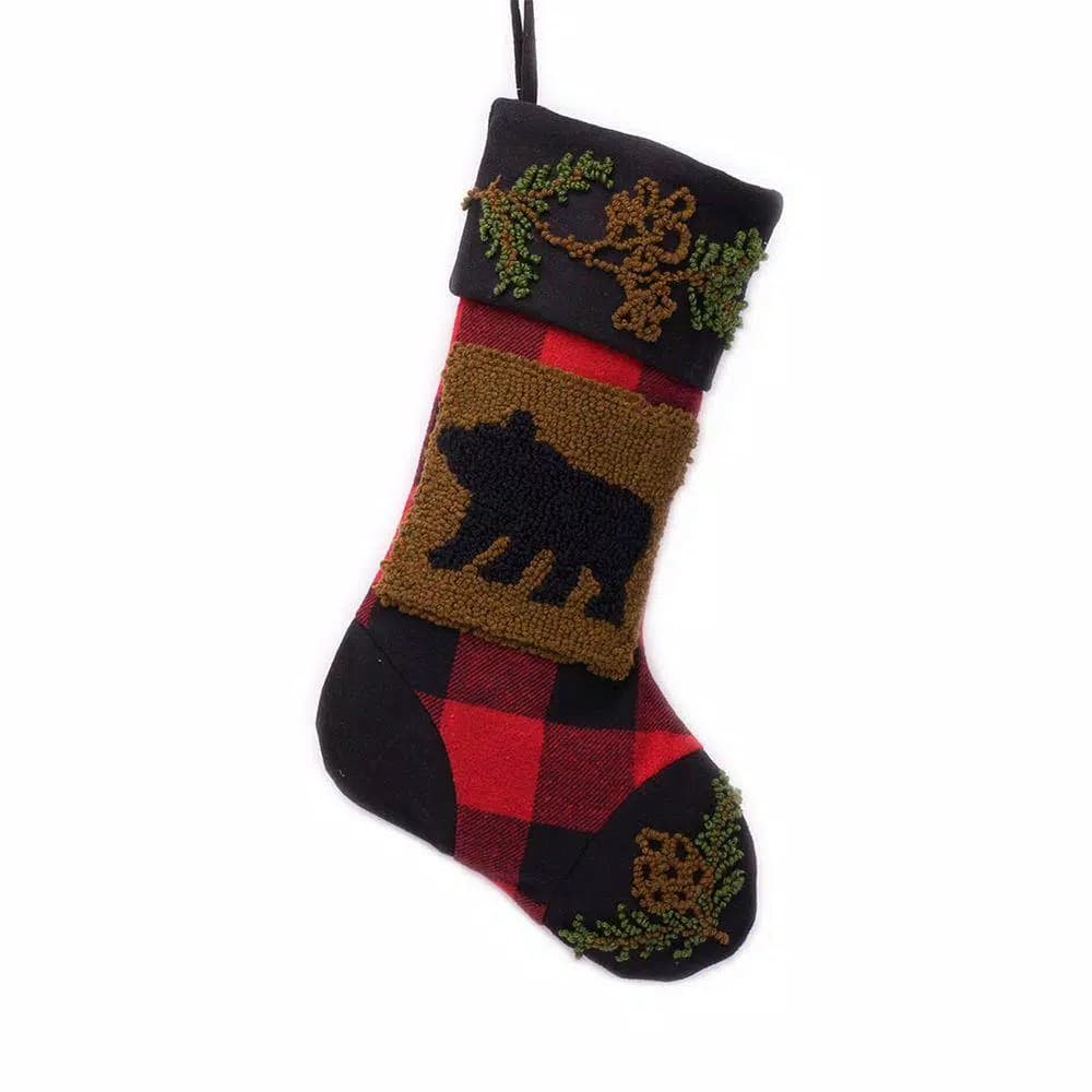 Glitzhome 19 in. Plaid Christmas Stocking with Handmade Rug Hooked Bear and Embroidery
