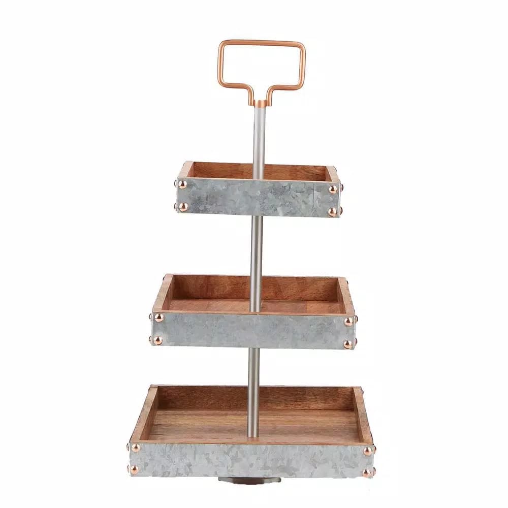 Mind Reader Products 3-Tier Silver Cake Stand, Galvanized Steel & Wood Dessert Display with Handle