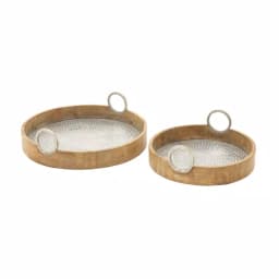 LITTON LANE Rustic Mango Wood and Hammered Aluminum Round Serving Tray Set of 2 thumbnail 2
