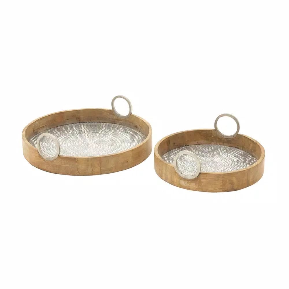 LITTON LANE Rustic Mango Wood and Hammered Aluminum Round Serving Tray Set of 2