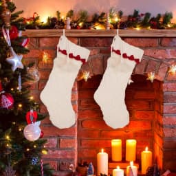 Glitzhome 22 in. White Knitted Acrylic Christmas Stockings with Pompoms (Set of 2) thumbnail 7