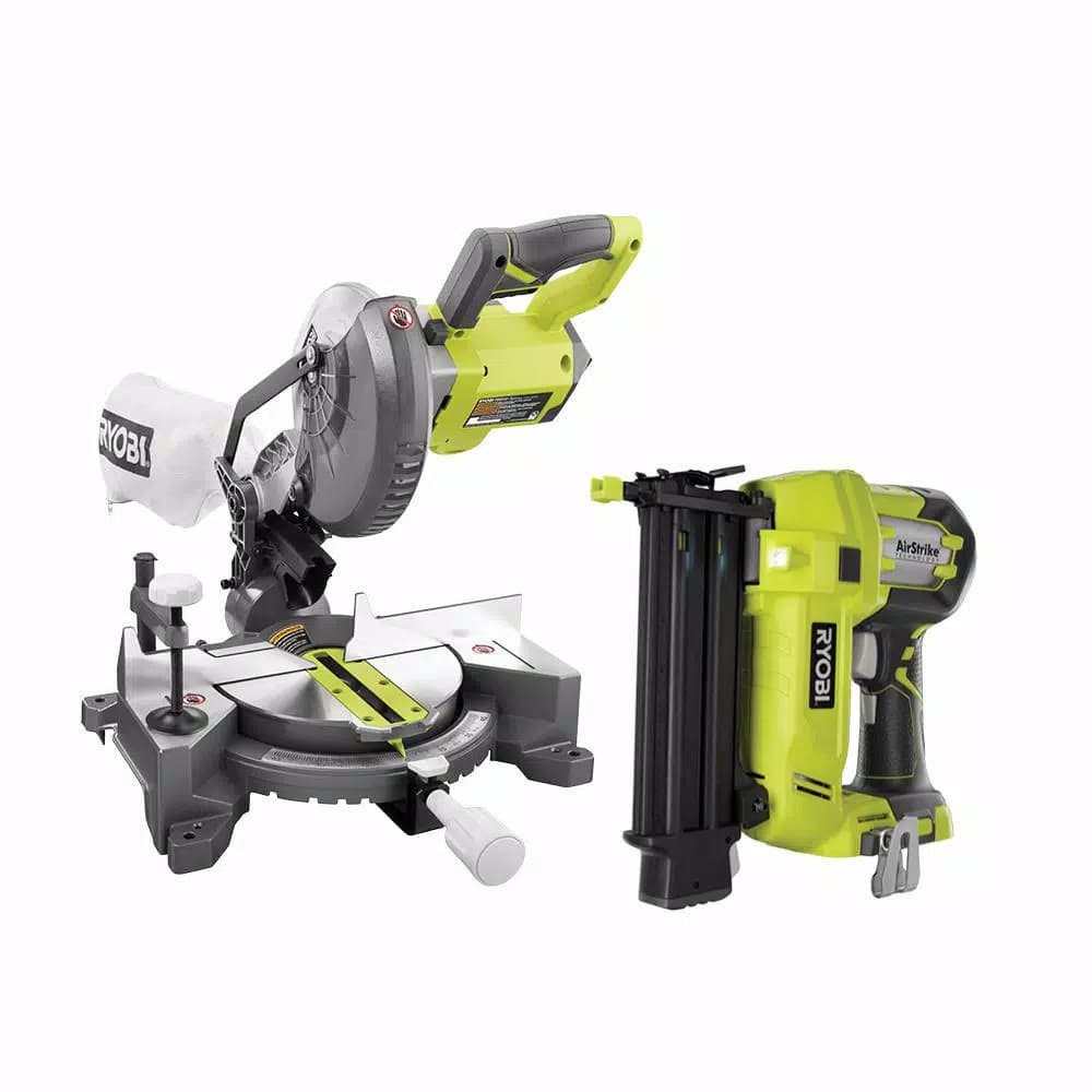 RYOBI 18V ONE+ Cordless 7-1/4 in. Compound Miter Saw and 18-Gauge AirStrike Brad Nailer Combo Kit (Tools Only)