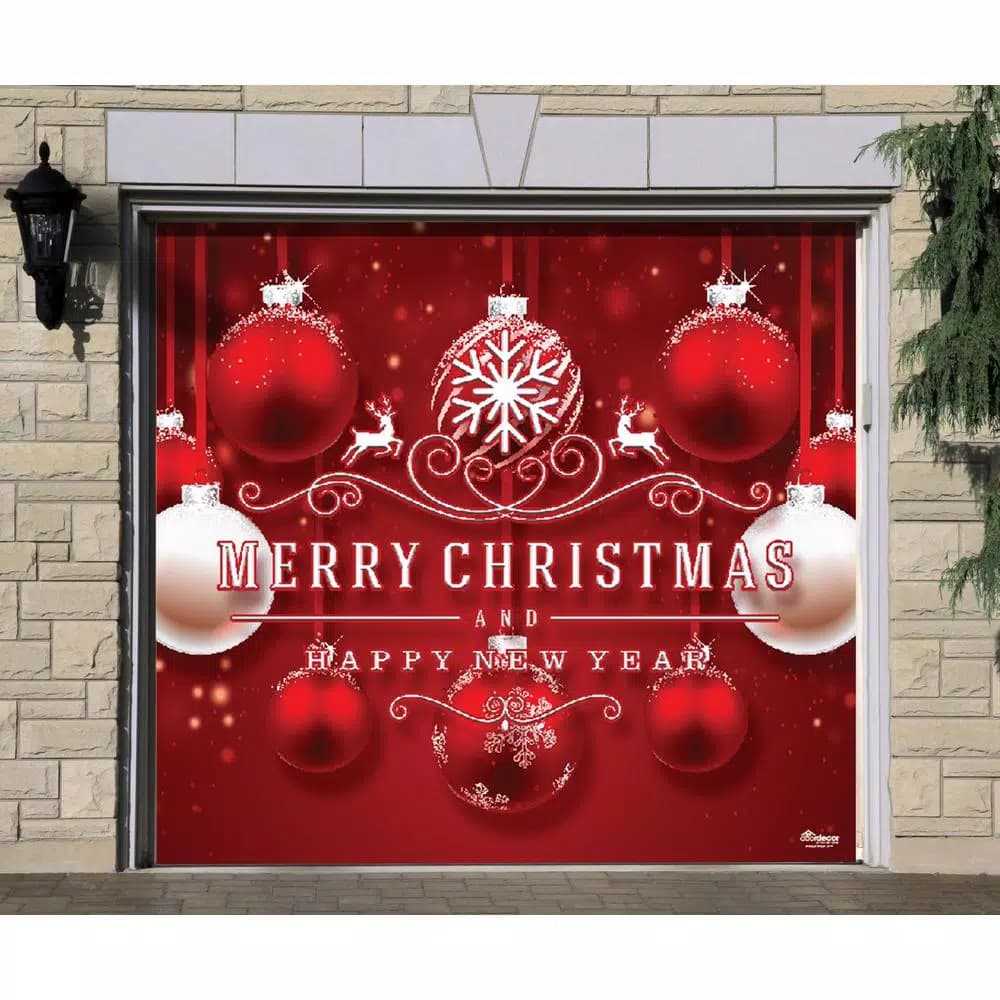 My Door Decor 7 ft. x 8 ft. Red Ornaments Christmas Garage Door Banner Mural