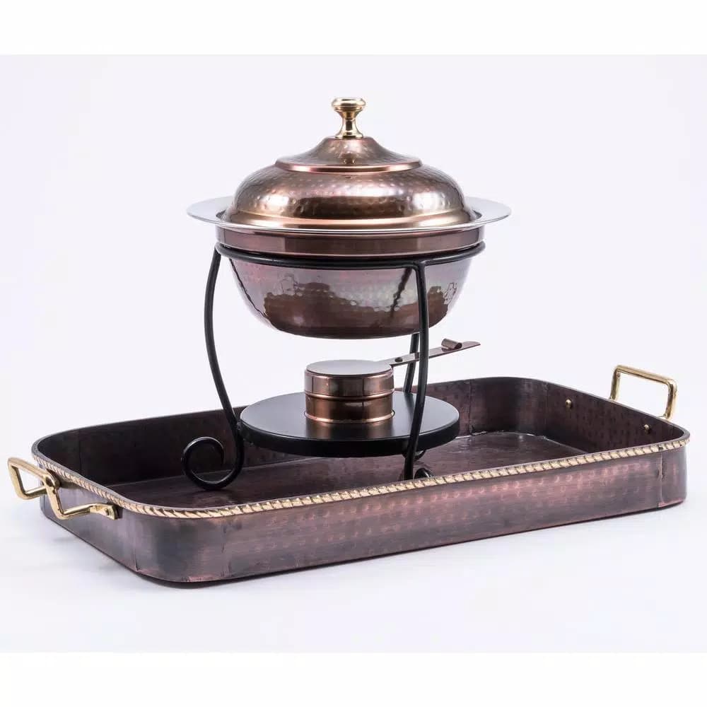 Old Dutch 18 in. Oblong Antique Copper Hand-Hammered Iron Serving Tray with Cast Brass Handles