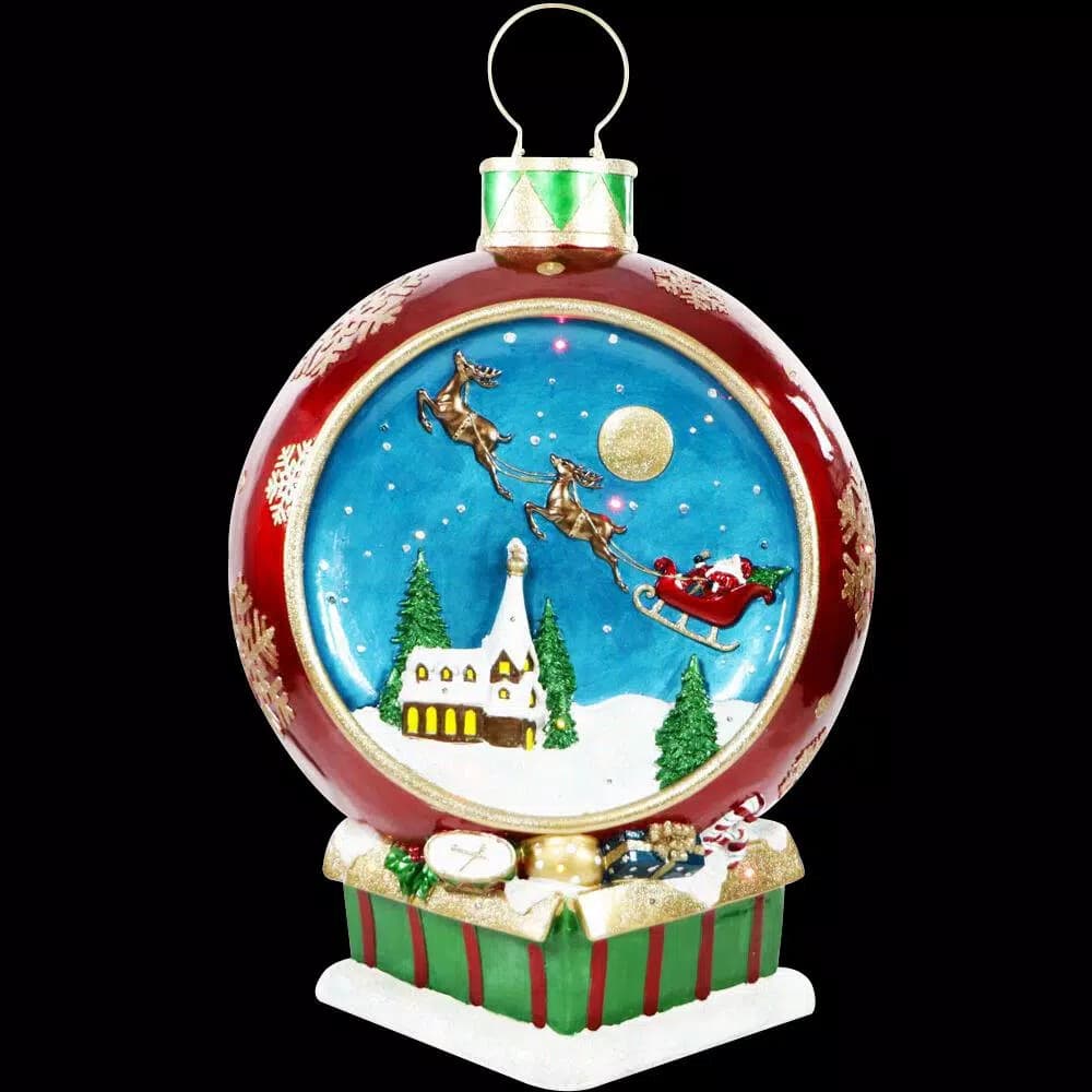 Fraser Hill Farm 34.5 in. Musical Santa and Flying Sleigh Ornament with LED Lights, Red