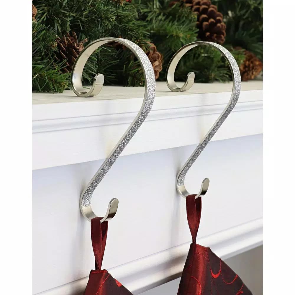 Haute Decor 6 in. Silver Glitter Steel Stocking Scroll Holders, 2-Pack