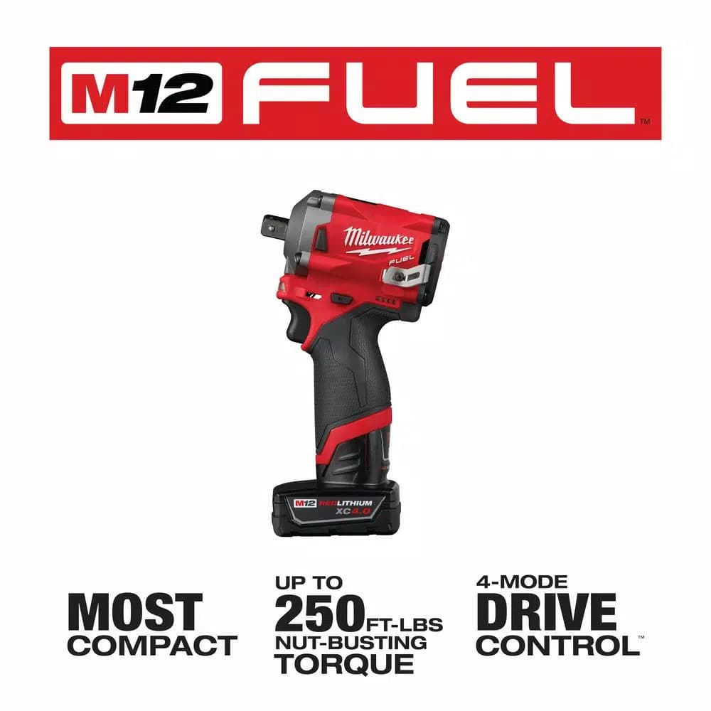 Milwaukee M12 FUEL 1/2 in. Stubby Brushless Cordless Impact Wrench Kit with 2 Batteries and Bag