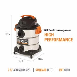 RIDGID 10 Gal. 6.0 Peak HP Stainless Steel Wet/Dry Shop Vacuum with Locking Accessories thumbnail 4