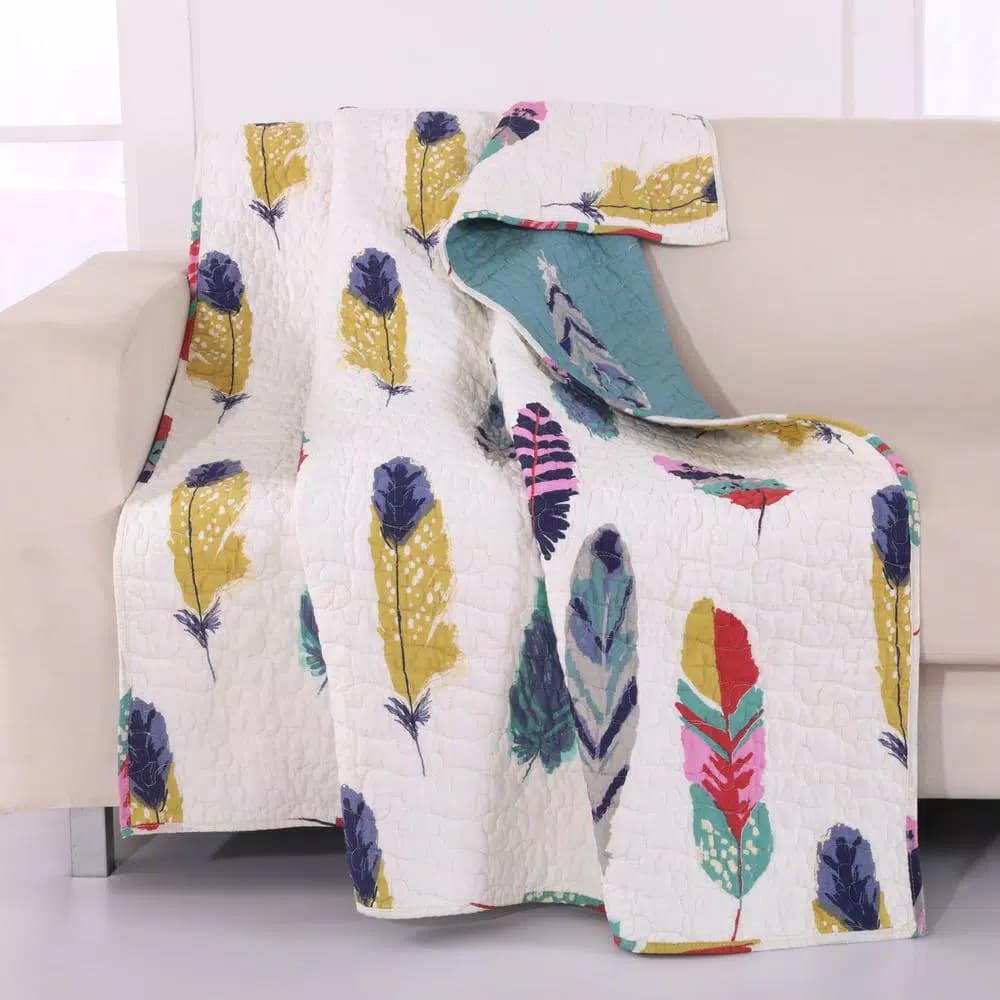Greenland Home Fashions Dream Catcher Multicolored Quilted Cotton Throw, Southwestern Reversible Feather Print