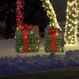 ProductWorks Pre-lit Faux Boxwood Topiary Present Christmas Decor Set, 45 LED Lights, Set of 2 thumbnail 2