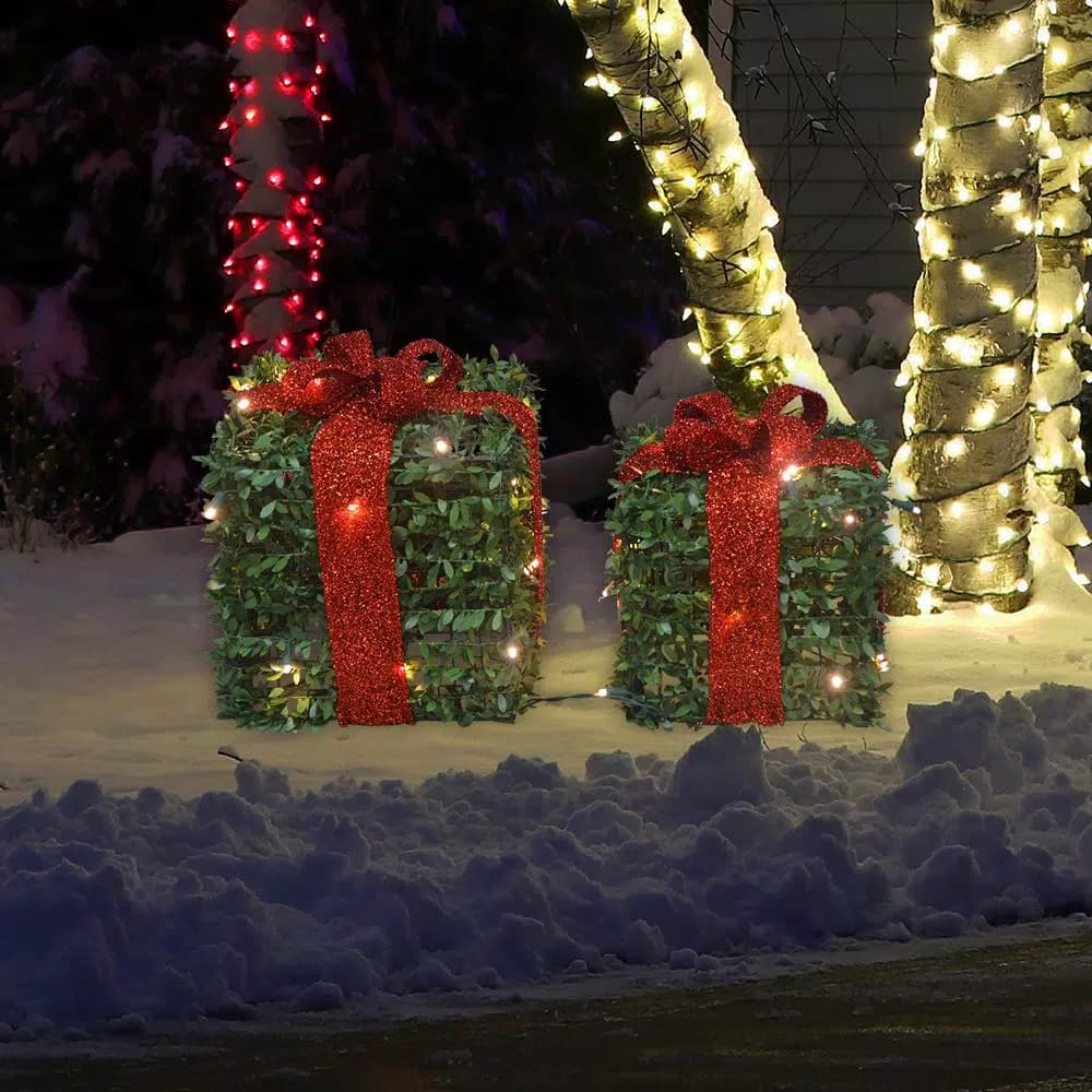 ProductWorks Pre-lit Faux Boxwood Topiary Present Christmas Decor Set, 45 LED Lights, Set of 2