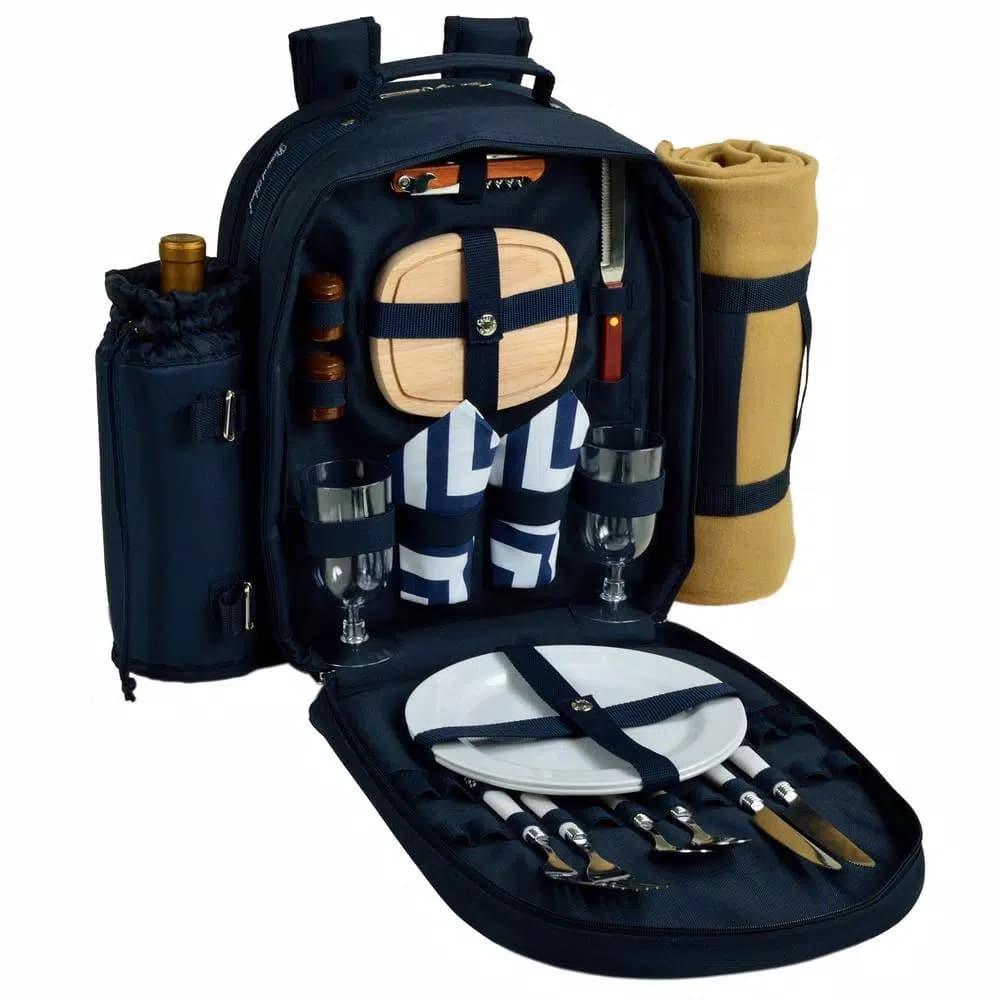 Unbranded Deluxe 2-Person Picnic Backpack with Insulated Cooler and 50x60in Blanket - Navy/Chevron