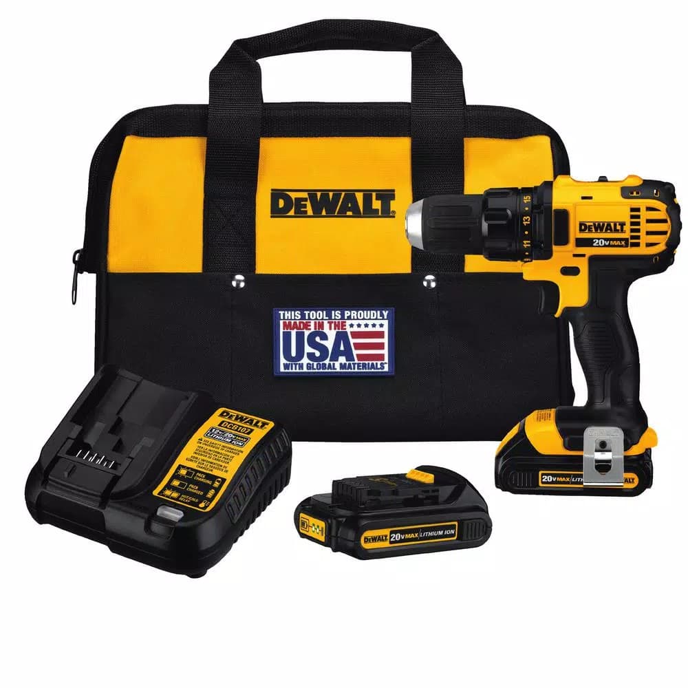DEWALT 20V MAX Cordless Compact 1/2 in. Drill/Driver Kit with (2) 1.3Ah Batteries, Charger & Bag